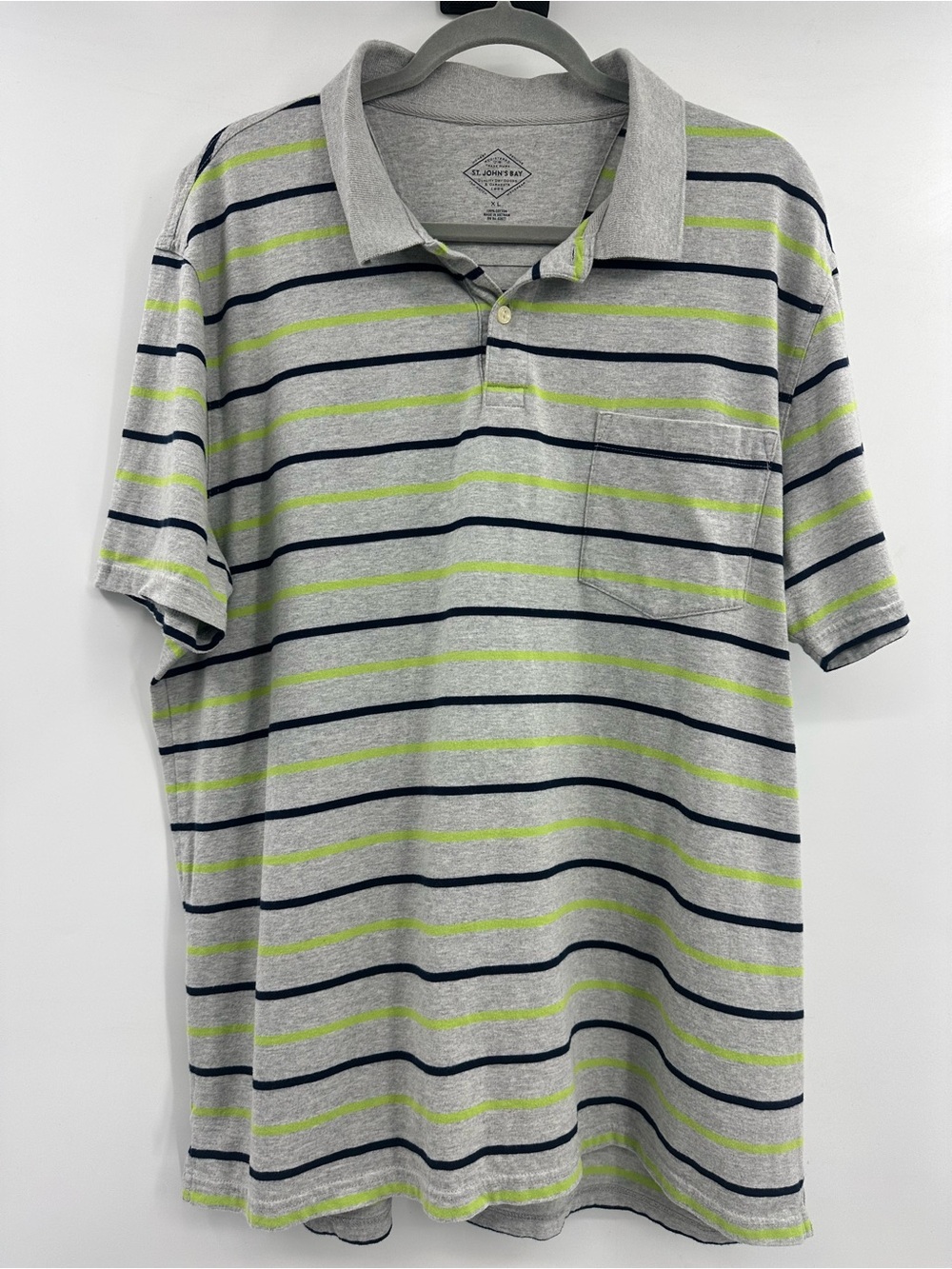 Men's Grey Polo Shirt with Navy and Lime Stripes